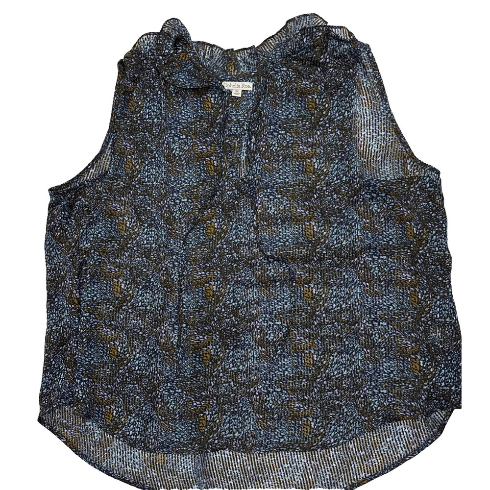 Womans Blouse Plus 2X Ophelia Roe Top Sheer Blue High-Low Hem Ruffle Collar